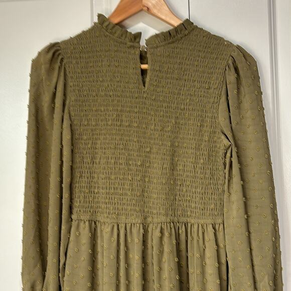 Anthropologie By The River Dot Swiss Smocked Tiered Midi Dress Olive Gre… - Picture 7 of 13